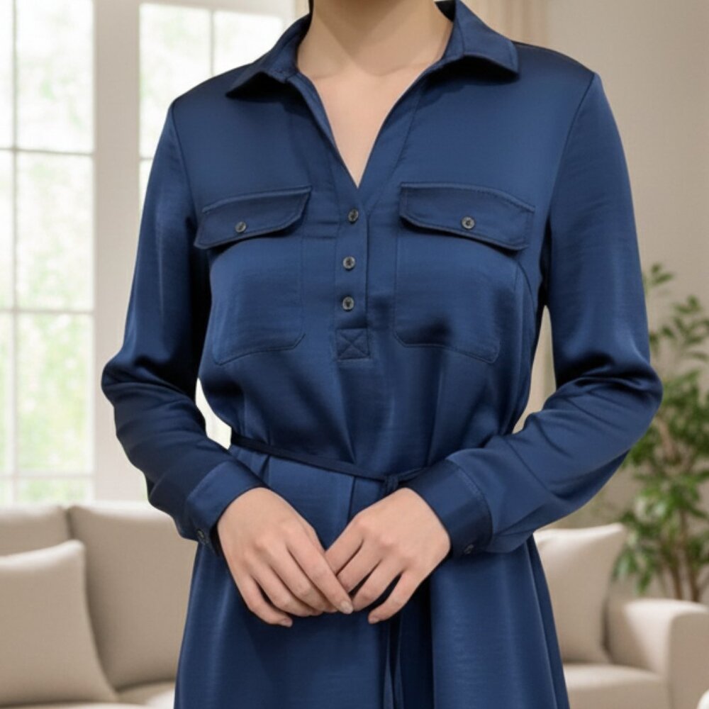 Navy Blue Satin Shirt Dress Tie Waist Shirt Dress | Size M